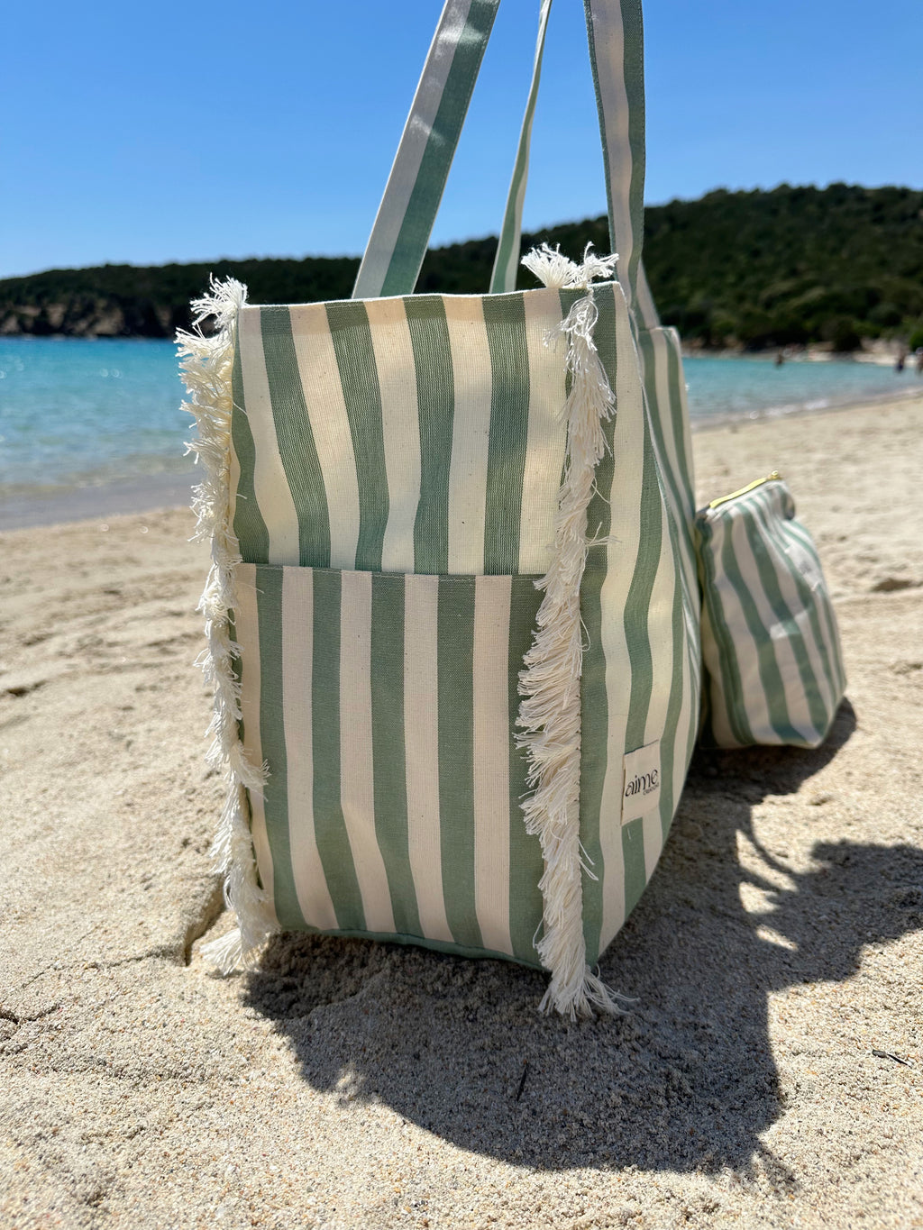 borsa mare artigianale a righe verdi con frange 