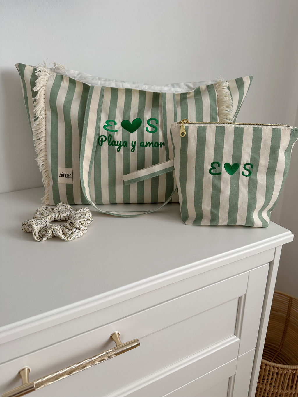 borsa mare riga verde con ricamo