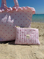 set borsa e pochette abbinata in vichy rosa e fiori 