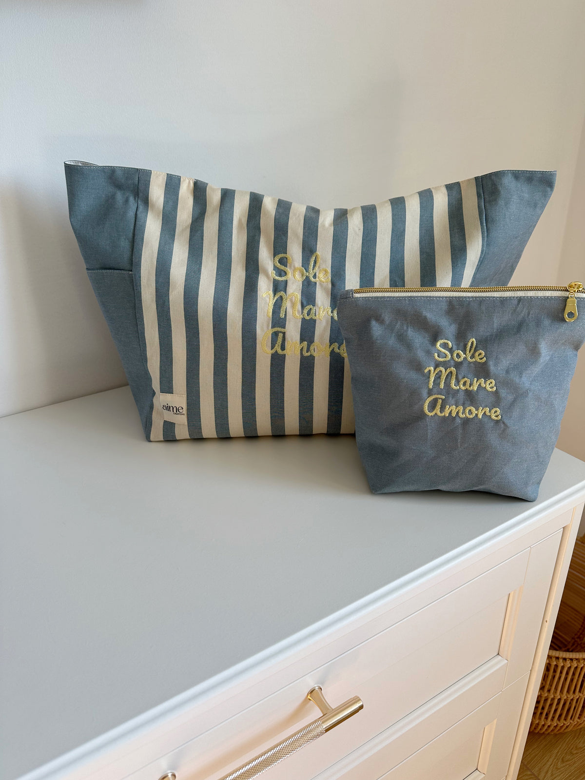 borsa artigianale e personalizzabile per il mare a righe denim con ricamo