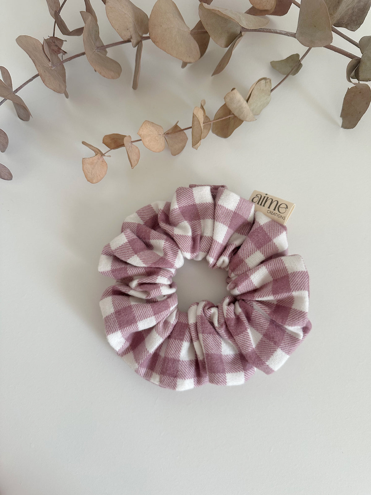 elastico artigianale per capelli a quadretti malva